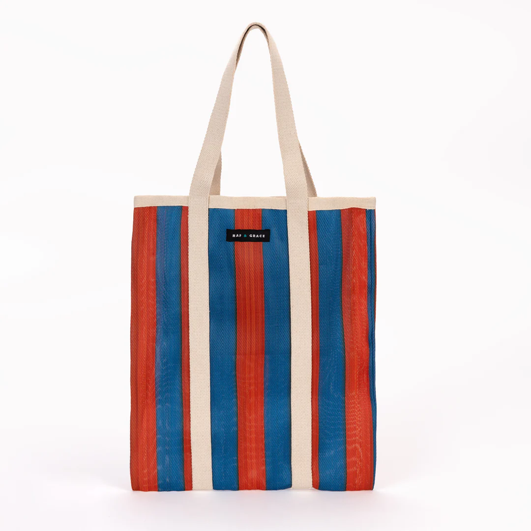 blue and orange stripe tote bag